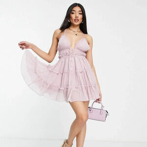 Asos Pink Coquette Tiered Lace Trim Detail Romantic Girly Mini Dress Size 6
